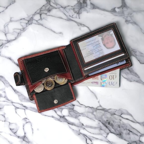 MORUCHA Mens RFID Blocking Real Soft Leather Passcase Wallet Box M75 Black/Brown - Picture 5 of 8